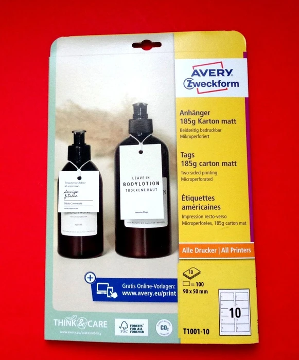 Avery-Zweckform Aushängeschilder mit Öse und Fäden weiß, 90x50mm, 185g, 100 Stück