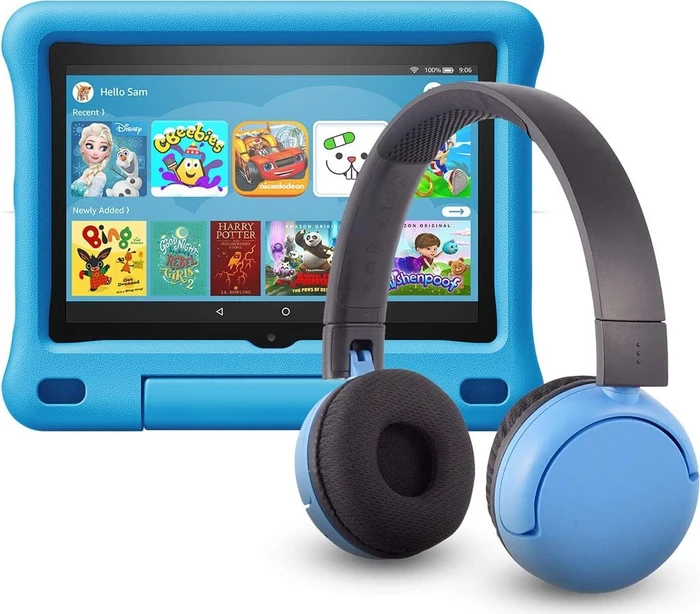 Amazon Fire HD 8 KFONWI 2020, ohne Werbung, blau, 32GB, inkl. BuddyPhones PopTime Headset, Kids Edition