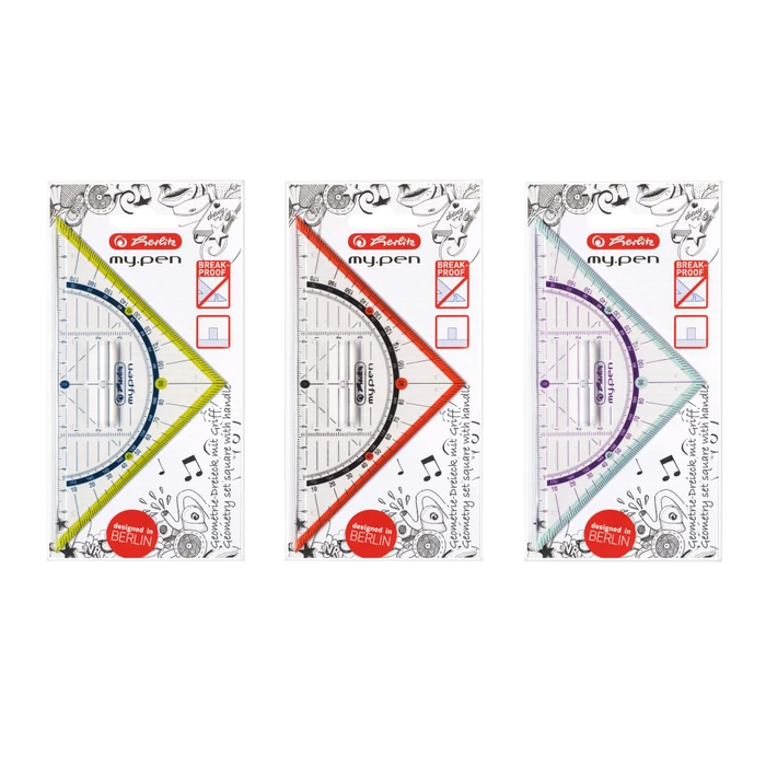 Herlitz my.pen Geodreieck 16cm, mit Griff, gelb/blau/rot/transparent