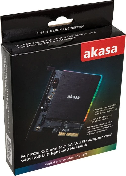 Akasa M.2 PCIe and M.2 SATA SSD adapter card with RGB LED light and heatsink