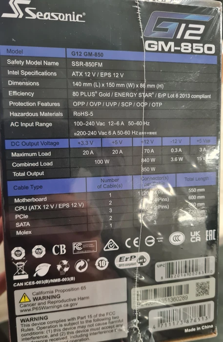 Seasonic G12 GM 850W, ATX 2.3