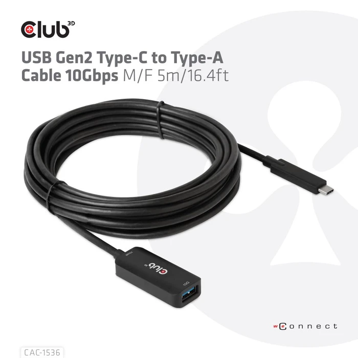 Club 3D USB-C 3.1 Kabel, aktiv, 10Gb/s, USB-C 3.1 Stecker auf USB-A 3.1 Buchse, 5m