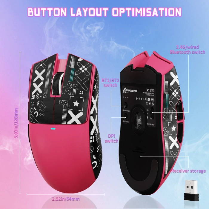 Attack Shark X11SE Wireless Gaming Mouse Berry Red, inkl. Grip Tape, USB/Bluetooth
