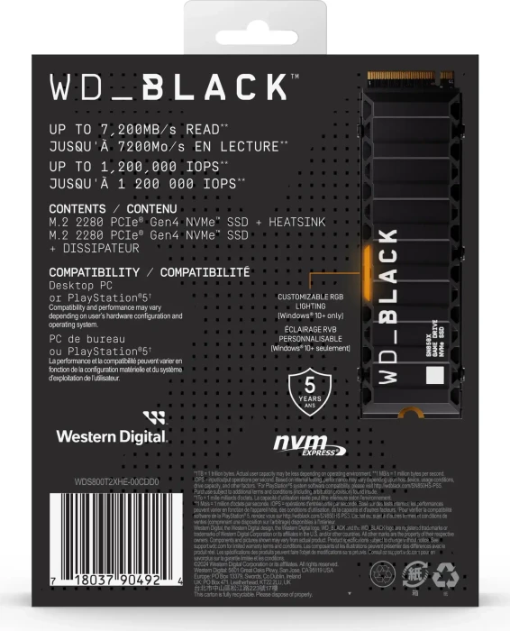 Western Digital WD_BLACK SN850X NVMe SSD 8TB, M.2 2280 / M-Key / PCIe 4.0 x4, Kühlkörper