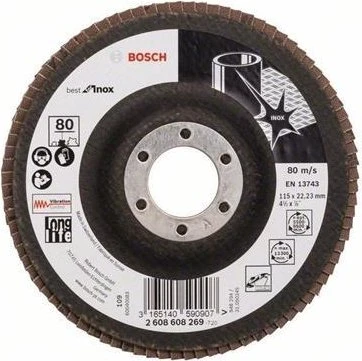 Bosch Professional X581 Best for Inox Fächerschleifscheibe gerade K80, 115x22.23mm, 1 Stück