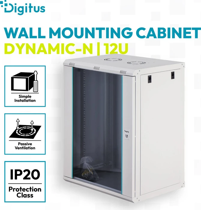 Digitus Dynamic-N Serie 19" Wandgehäuse 16HE, unmontiert, Sicherheitsglastür, IP2X, RAL 7035, 450mm tief