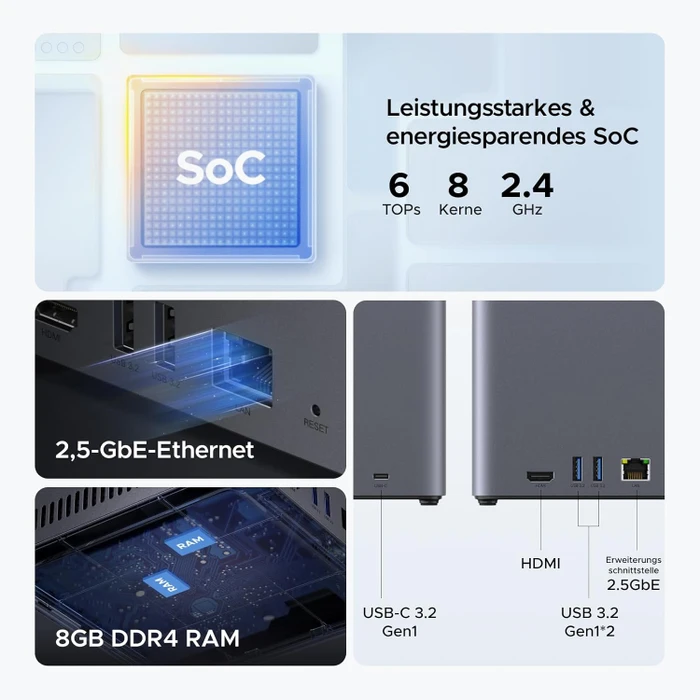 Ugreen NASync DH4300 Plus, 8GB RAM, 1x RJ-45 2.5GBase-T, 1x USB-C 3.0