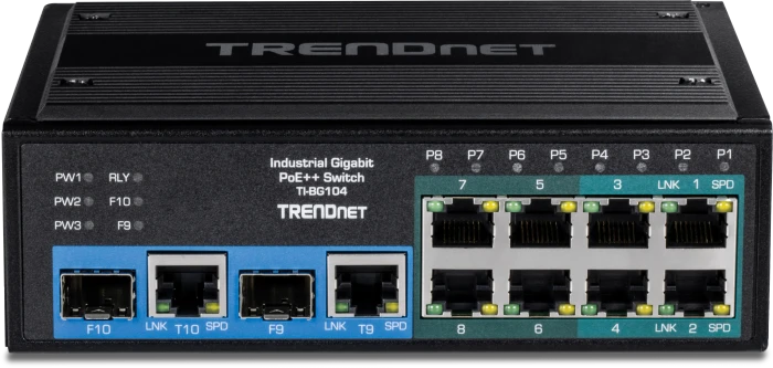 TRENDnet TI Hardened Industrial Railmount Gigabit Switch, 8x RJ-45, 2x RJ-45/SFP, 360W PoE++