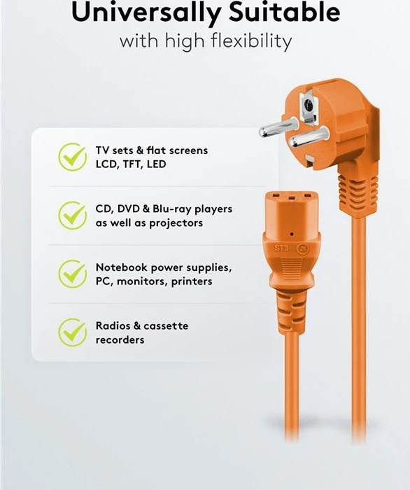Wentronic Goobay Kaltgeräte Netzkabel, Schutzkontakt auf Kaltgerätestecker C13, gewinkelt, orange, 2m