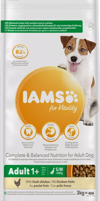 IAMS for Vitality für ausgewachsene Hunde kleiner und mittelgroßer Rasse, mit Huhn, 3kg