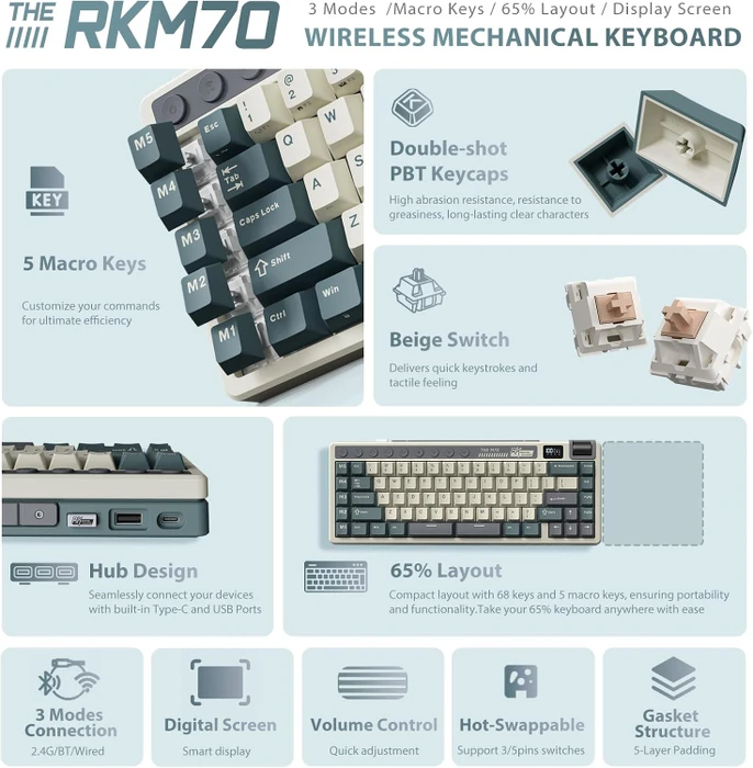RK Royal Kludge M70 Wireless, Cyan Purple, weiß/blau, LEDs RGB, hot-swap, RK Tactile Beige, USB/Bluetooth, US