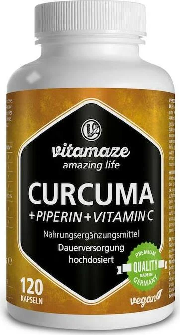 Vitamaze Kurkuma hochdosiert + Piperin + Vitamin C vegane Kapseln, 120 Stück