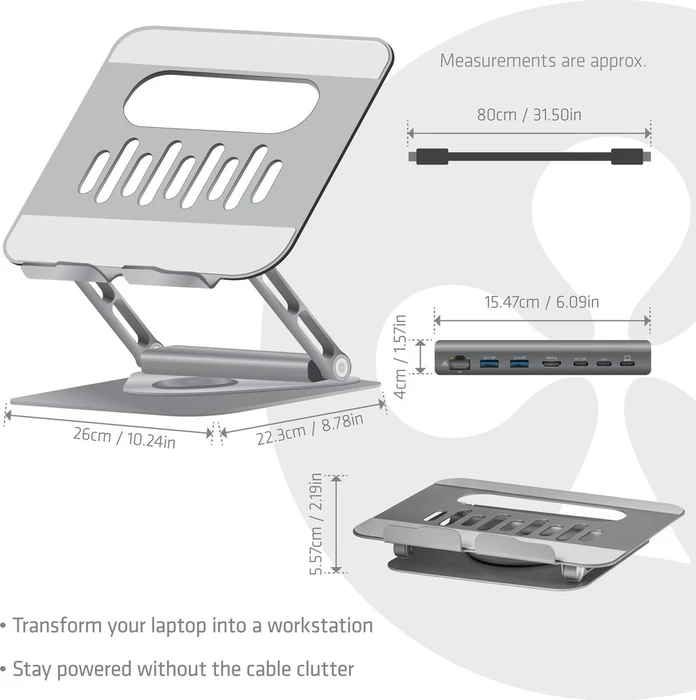 Club 3D Verstellbarer Laptop-Ständer aus Aluminium mit Hub, USB-C 3.0 [Buchse]