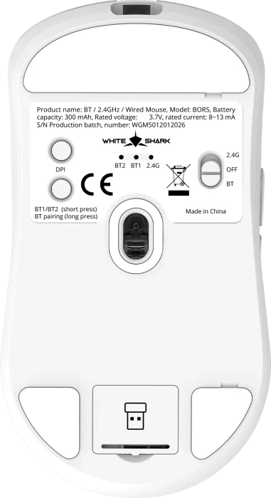 White Shark BORS Wireless Gaming Mouse, weiß, USB/Bluetooth