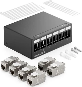 deleyCON Patchpanel Gehäuse für Keystone Module, 1HE, inkl. RJ-45 Cat7 Module, 6-Port, 1HE