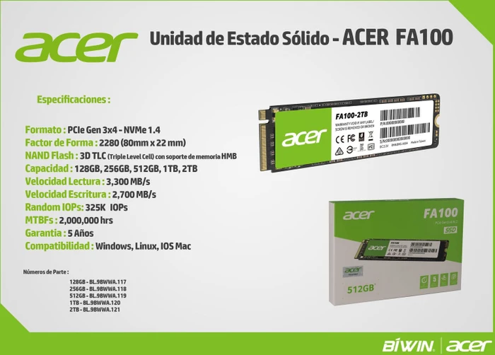 Acer FA100 M.2 SSD 512GB, M.2 2280 / M-Key / PCIe 3.0 x4