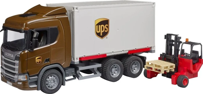 Bruder Scania Super 560R UPS Logistik-LKW mit Mitnahmestapler