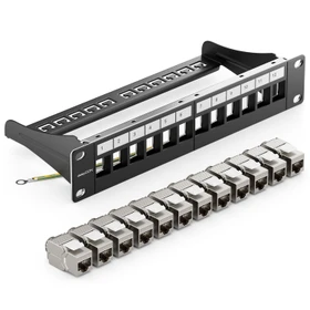 deleyCON Patchpanel für Keystone Module 10", 1HE, inkl. RJ-45 Cat6a Module, 12-Port, 10", 1HE