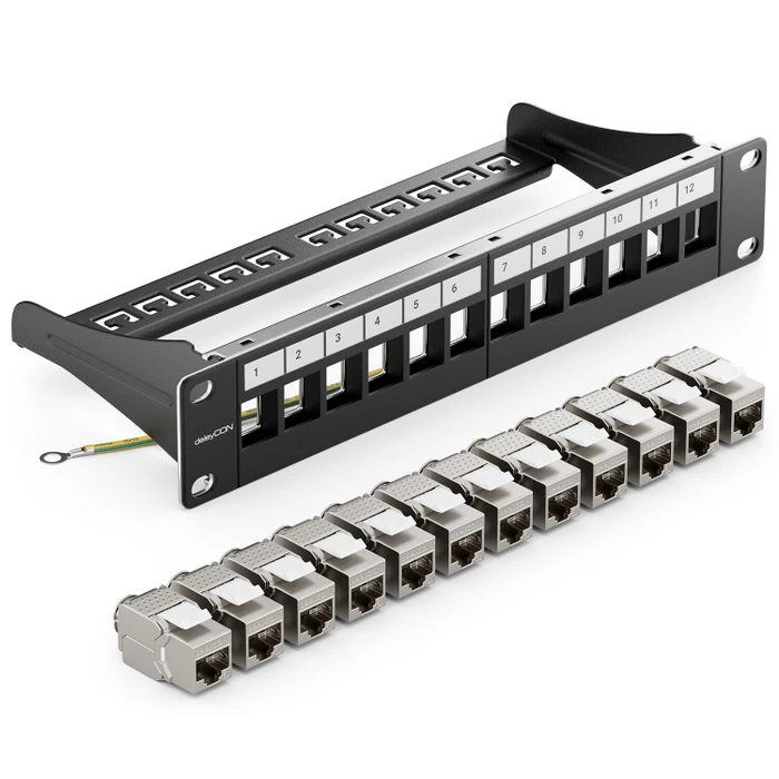 deleyCON Patchpanel für Keystone Module 10", 1HE, inkl. RJ-45 Cat6a Module, 12-Port, 10", 1HE