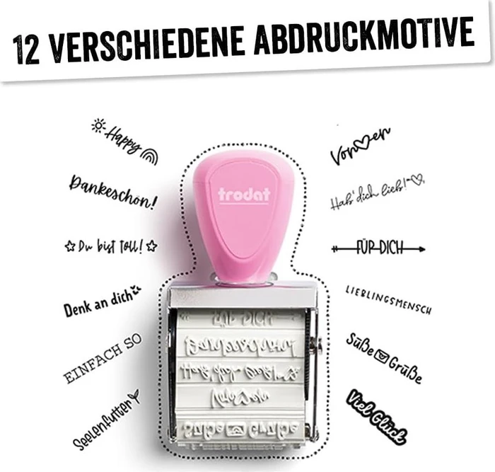 trodat Creative Mini Handstempel mit 12 Abdrucken "Nette Botschaften" inkl. 3-farbigem Kissen, 30x5mm, pastell rosa, 2er-Set