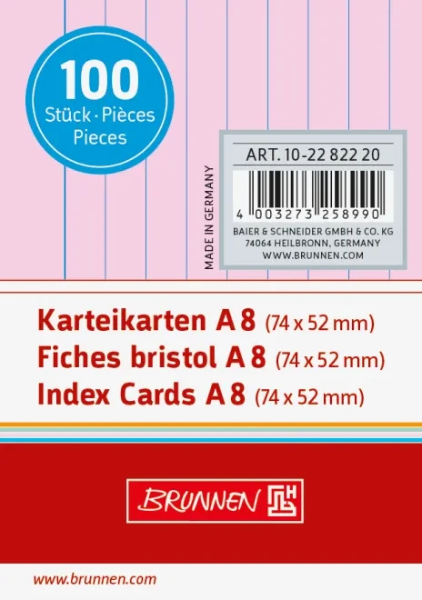 Brunnen Karteikarten, A8, liniert, rot, 100 Blatt
