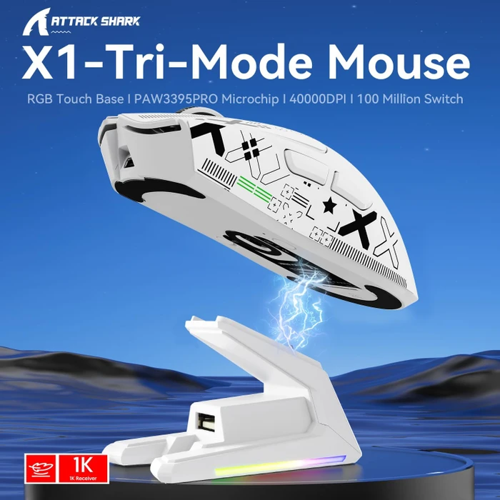 Attack Shark X1 Tri-mode Wireless Gaming Mouse mit Ladestation, weiß, inkl. Grip Tape, USB/Bluetooth