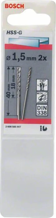 Bosch Professional HSS-G Spiralbohrer, 1.5x18x40mm, 2 Stück