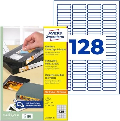 Avery-Zweckform Etiketten für Speichermedien, 43.2x8.5mm, weiß, 25 Blatt (3200 Etiketten)