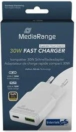 MediaRange 30W GaN Schnellladeadapter (EU-Stecker) 1x USB-C/1x USB-A Power Delivery/Quick Charge weiß