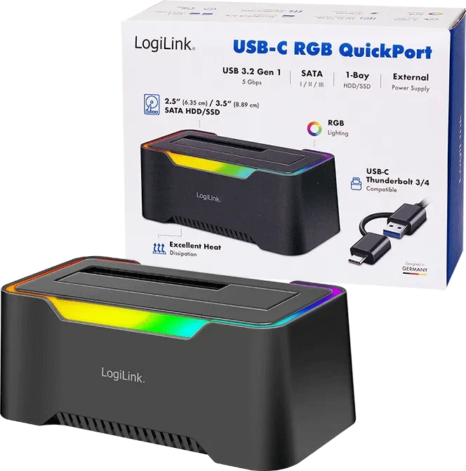 LogiLink USB 3.1 Quickport für 2.5"/3.5" SATA HDD/SSD mir RGB-Beleuchtung, schwarz, USB-C 3.1