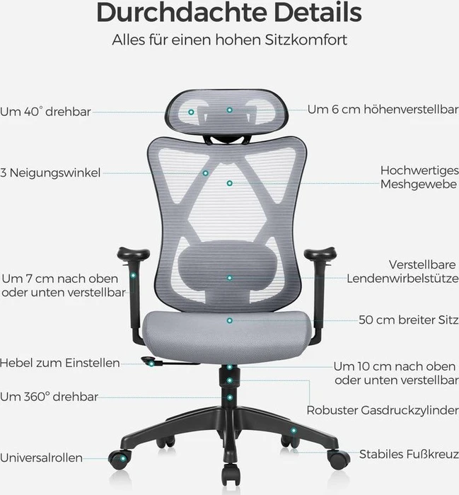 Songmics Bürostuhl mit Kopfstütze und Lendenstütze, taubengrau