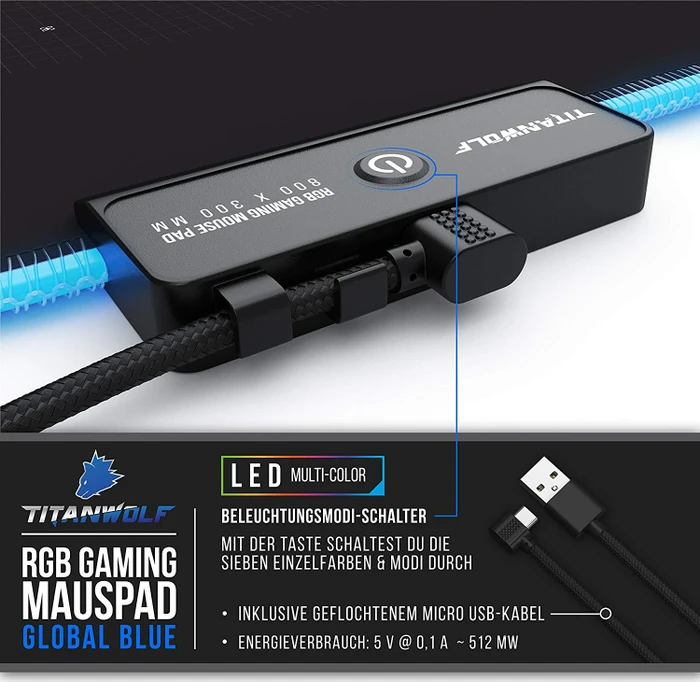 Titanwolf Global Blue RGB XXL Gaming-Mauspad, 800x300mm, schwarz/blau