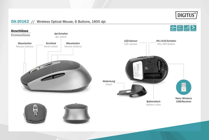 Digitus Wireless Optical Mouse, 6 Tasten, schwarz/grau, USB