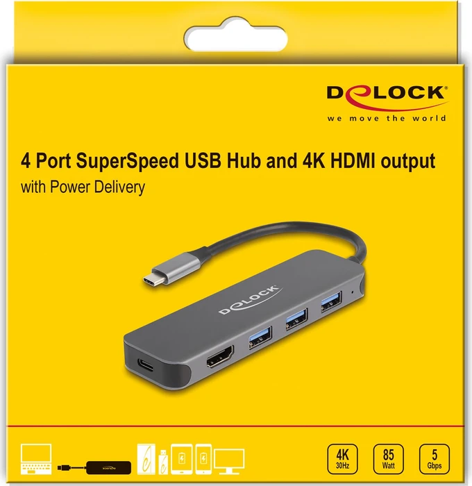 DeLOCK 3-Port USB Hub mit HDMI und USB-C PD 3.0, USB-C 3.0 [Stecker]