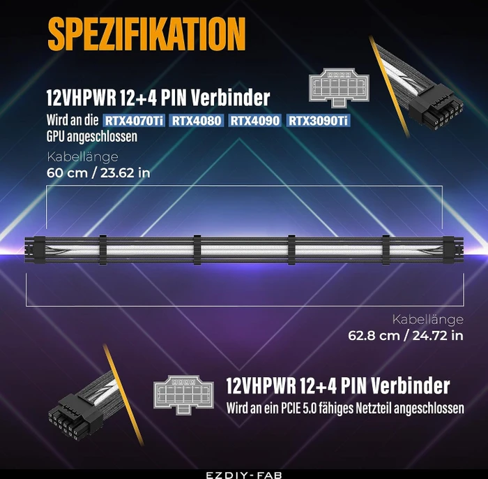 EZDIY-FAB 12VHPWR Kabel, 16-Pin PCIe 5.0 12VHPWR Stecker auf 16-Pin PCIe 5.0 12VHPWR Stecker, 16AWG, schwarz/weiß, 60cm