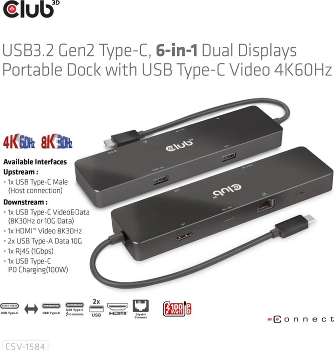 Club 3D 6in1 PD Charging Hub, USB-C 3.1 [Stecker]