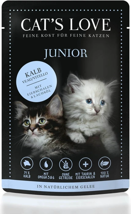 Cat's Love Junior Kalb Pur mit Eierschalen und Lachsöl, 1.02kg (12x 85g)