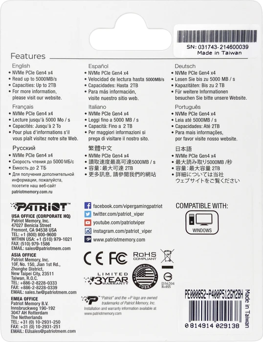 Patriot P400 512GB, M.2 2280 / M-Key / PCIe 4.0 x4, Kühlkörper