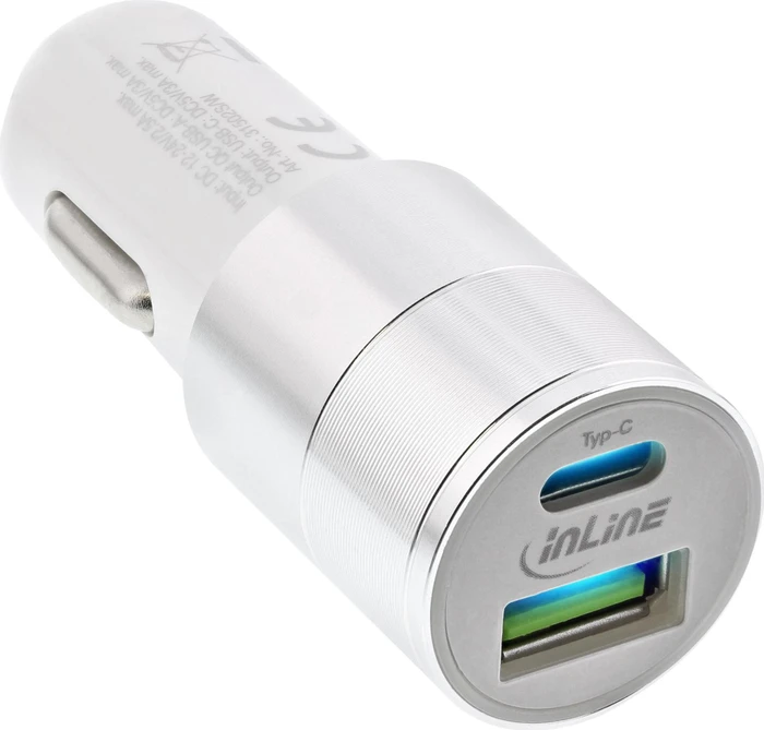 InLine USB KFZ Ladegerät Stromadapter Quick Charge 3.0 12/24VDC zu 5V DC/3A USB-A + USB Typ-C weiß