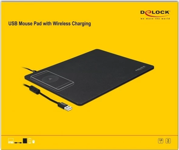 DeLOCK USB Mousepad mit kabelloser Ladefunktion, 342x283mm, schwarz