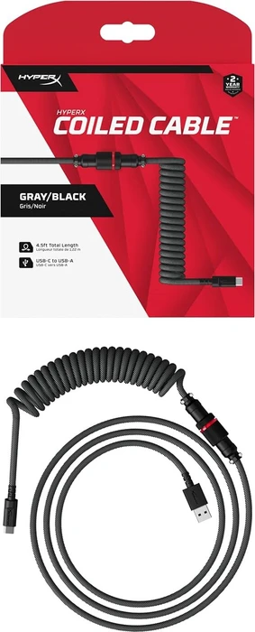 HP HyperX Coiled Cable USB-C auf USB-A, Tastaturkabel (Spiral-Textilkabel), 1.22m, grau/schwarz