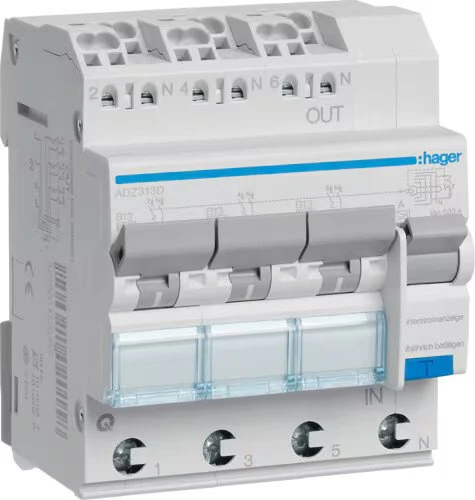 Hager Fehlerstrom-Leitungsschutzschalter 3X 1P+N 6kA B-13A 30mA Typ A QuickConnect
