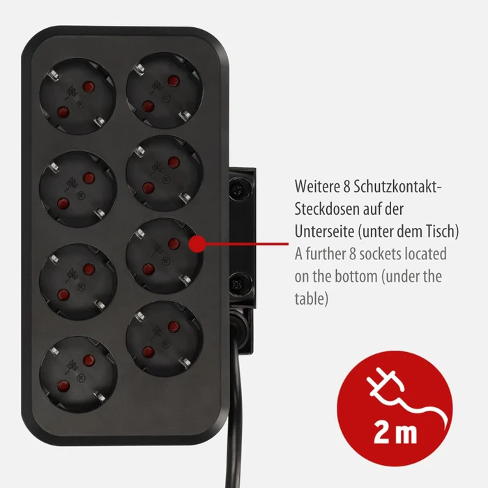 Brennenstuhl estilo Duplex Tischsteckdosenleiste mit Schalter, 10-fach, 2x Steckplatz für Keystone Module, 2m, silber/schwarz