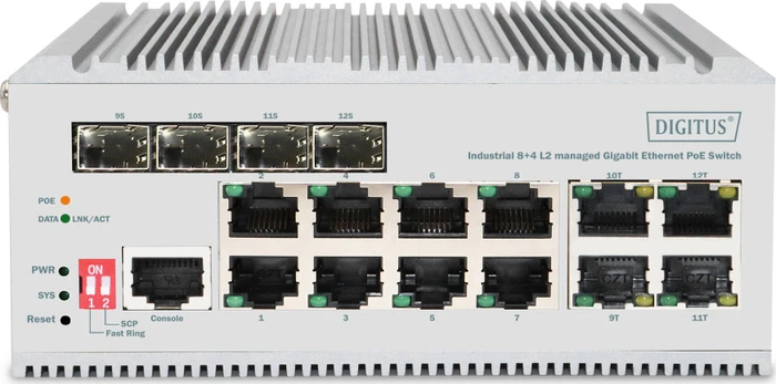 Digitus DN-65 Industrial Railmount Gigabit Managed Switch, 8x RJ-45, 4x RJ-45/SFP, 185W PoE+