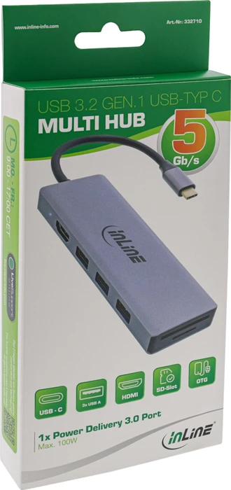 InLine Multifunktions-Hub + Card Reader, 3x USB-A 3.0, HDMI, SD Card, PD 100W, USB-C 3.0 [Stecker]