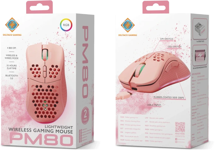 Deltaco PM80 Wireless Lightweight Gaming Mouse pink, USB/Bluetooth