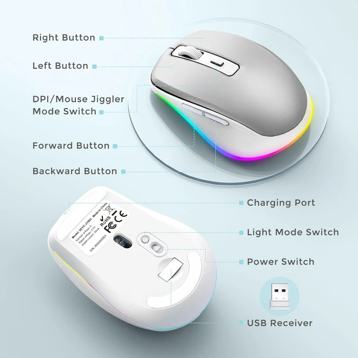 Seenda Rechargeable Wireless RGB Mouse mit Jiggler-Funktion, silber/weiß, USB
