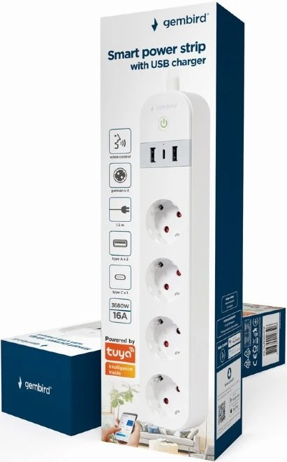 Gembird Smart Powerstrip mit USB-Ladegerät 4-fach weiß, 1x USB-C/2x USB-A, 3680W, Typ F, Smart-Steckdosenleiste