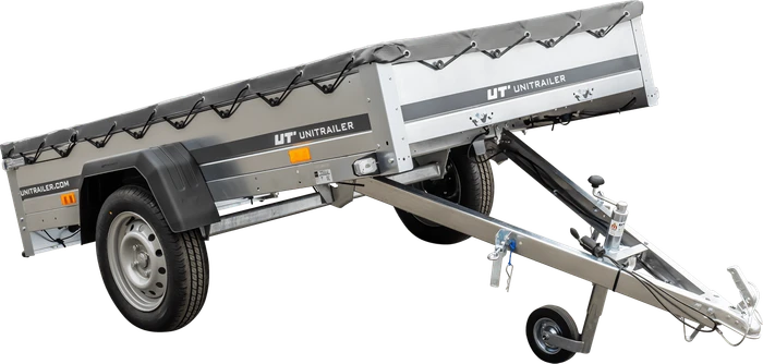 Unitrailer Garden Trailer 230 Kipp mit grauer Flachplane und Stützrad