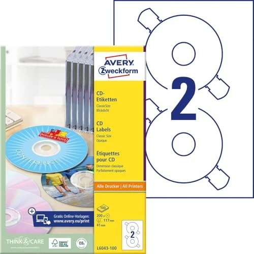 Avery-Zweckform CD-Etiketten, 117mm, weiß, matt, 100 Blatt (200 Etiketten)